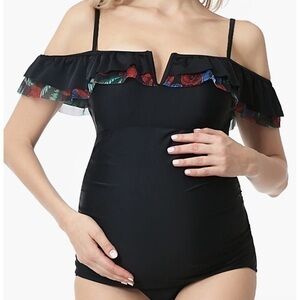 Kimi + Kai Karsyn UPF 50+ One-Piece Black Off the Shoulder Maternity Swimsuit XS